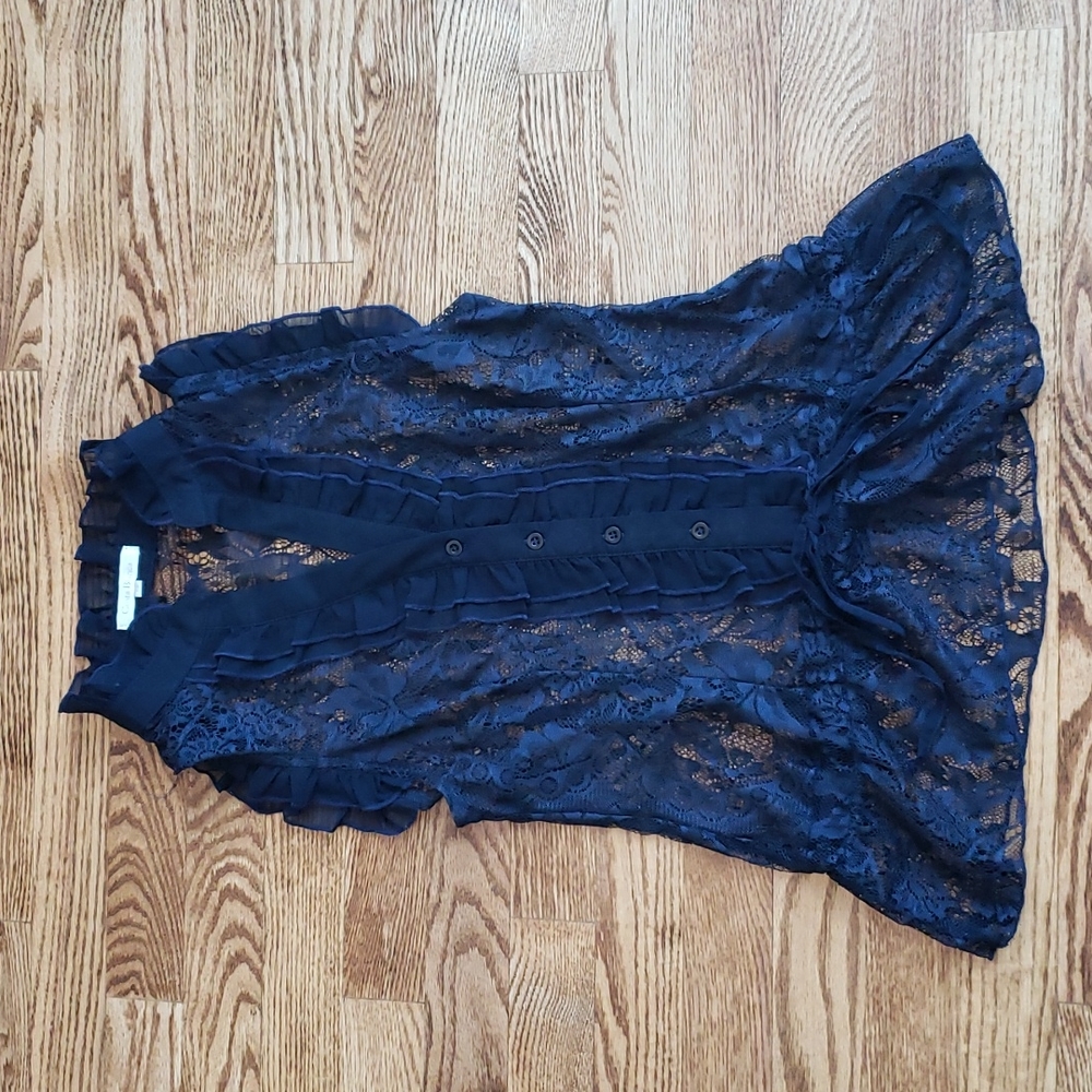 (S) Costa Blanca Delicate Sheer Lace Ruffle Tie Waist Top Feminine Dainty Spring